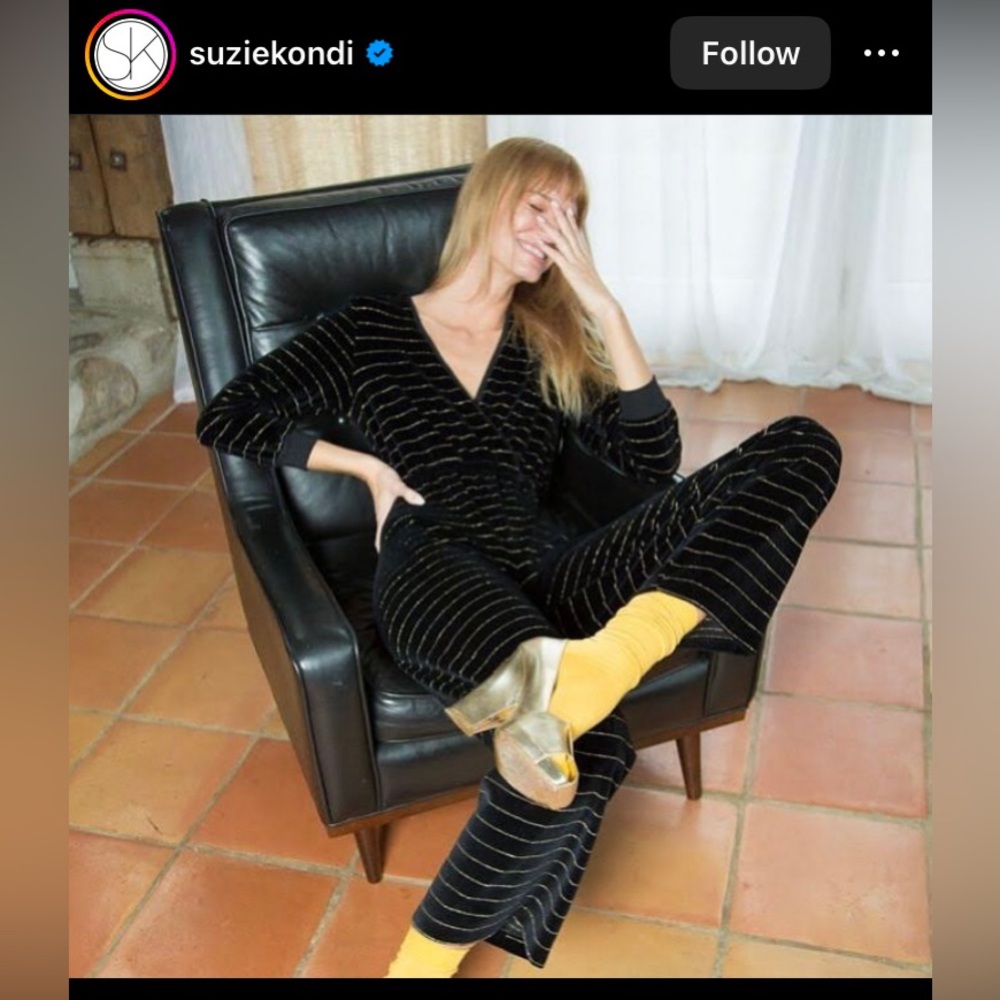 Suzie Kondi Selvi V-Neck Jumpsuit in black velour w gold lurex stripes, Medium
